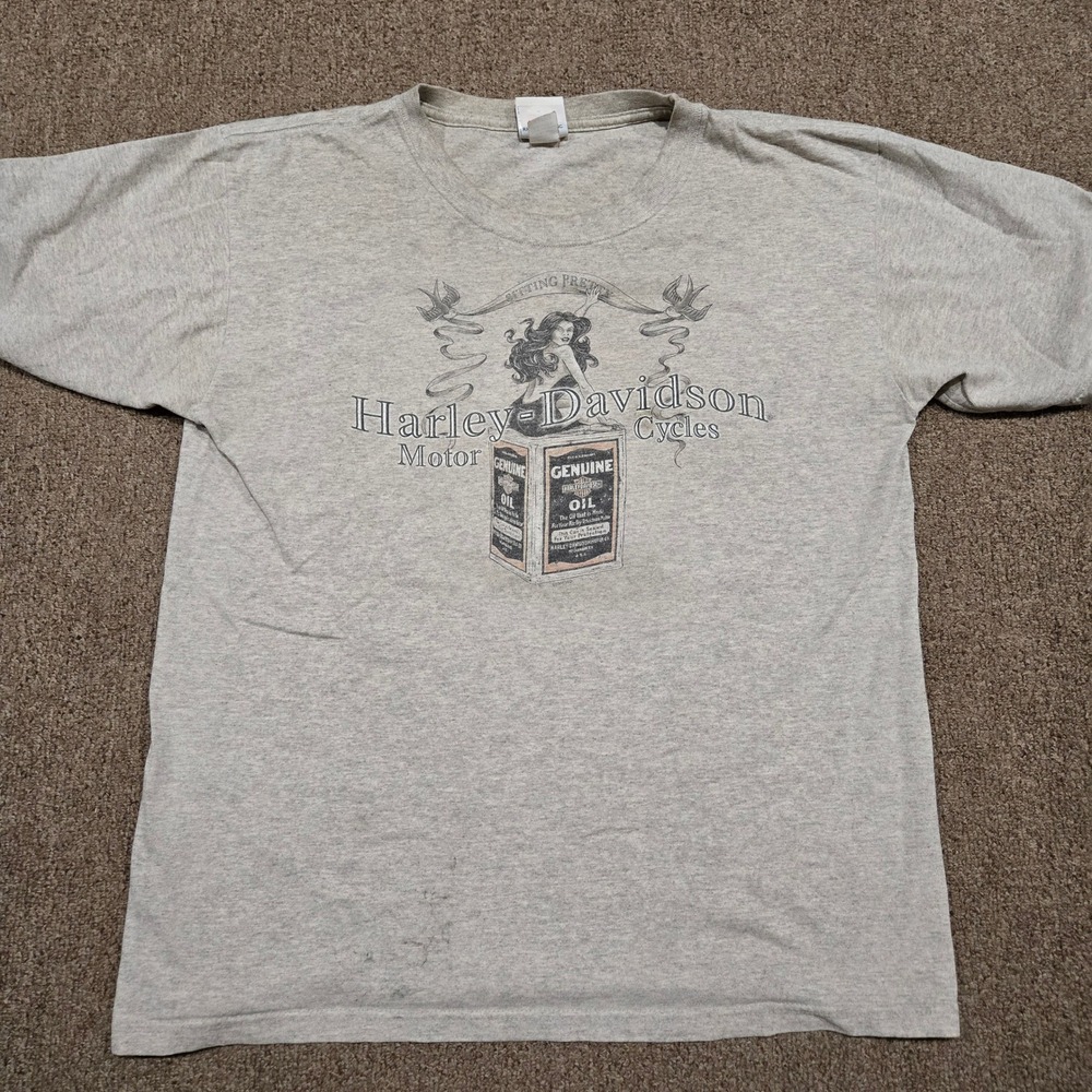 Harley Davidson T Shirt Mens L Gray Pinup Oil Graphic Tee Vintage 2007 Biker Y2K